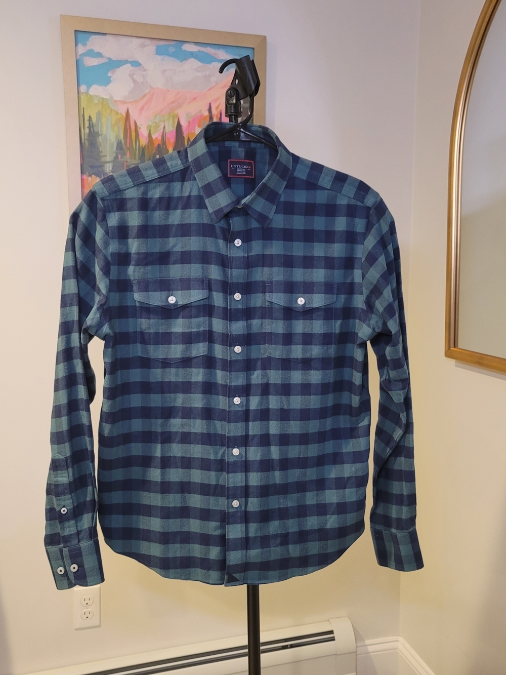UNTUCKit Cotton Plaid Flannel Button Up Shirt Green Navy Preppy Men's Size M
